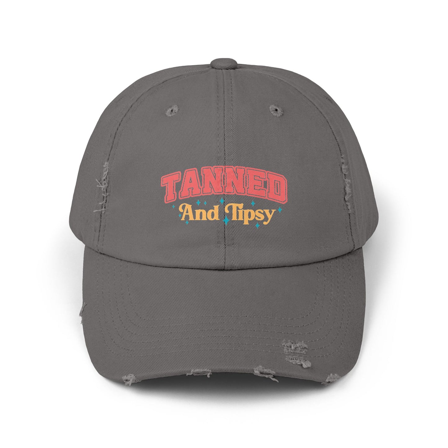Distressed Cap with 'Tanned and Tipsy' Design | Trendy Summer Accessory, Gift for Friends, Beachwear Essential, Outdoor Events
