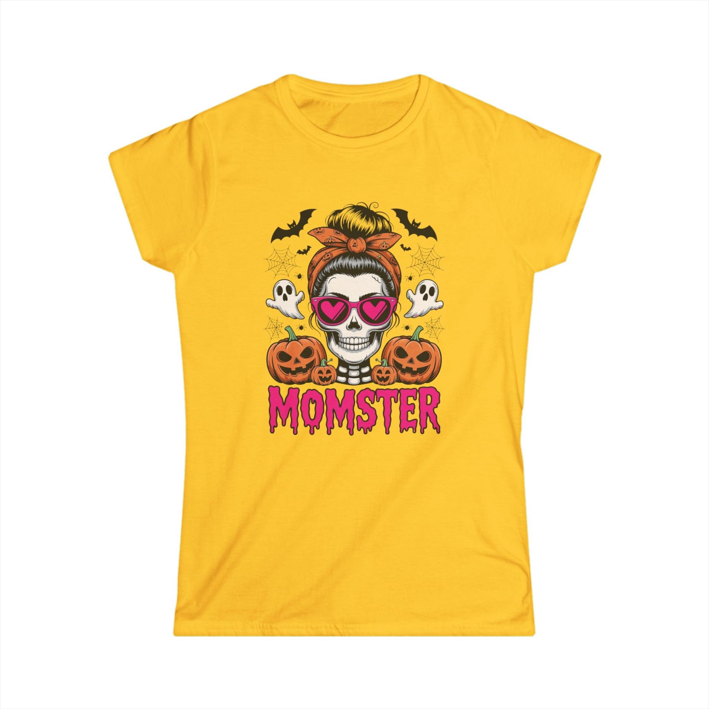 Momster Halloween Tee — Women’s Skull Mom T-Shirt with Pumpkins & Ghosts