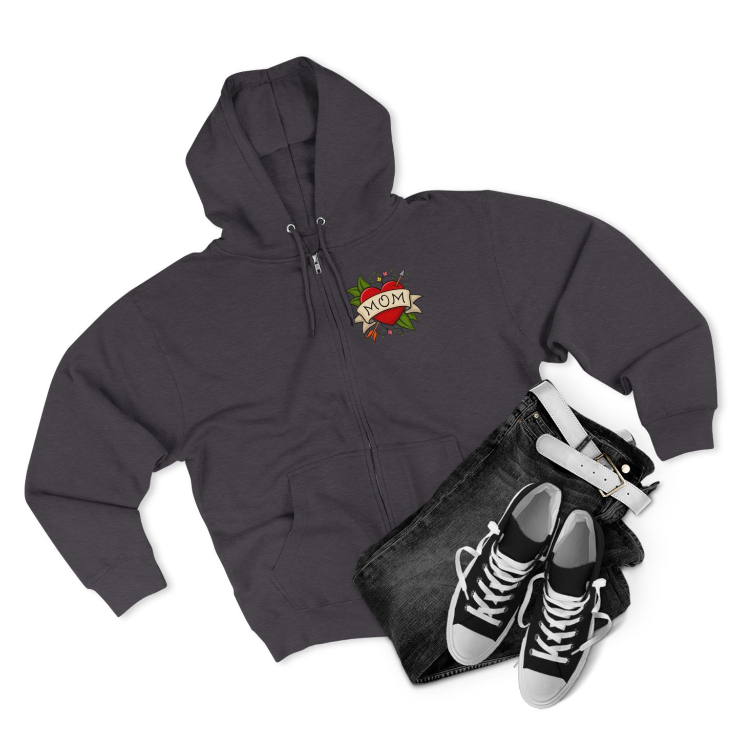 Mom Heart Tattoo Zip Hoodie | Retro Traditional Mom Tattoo Design