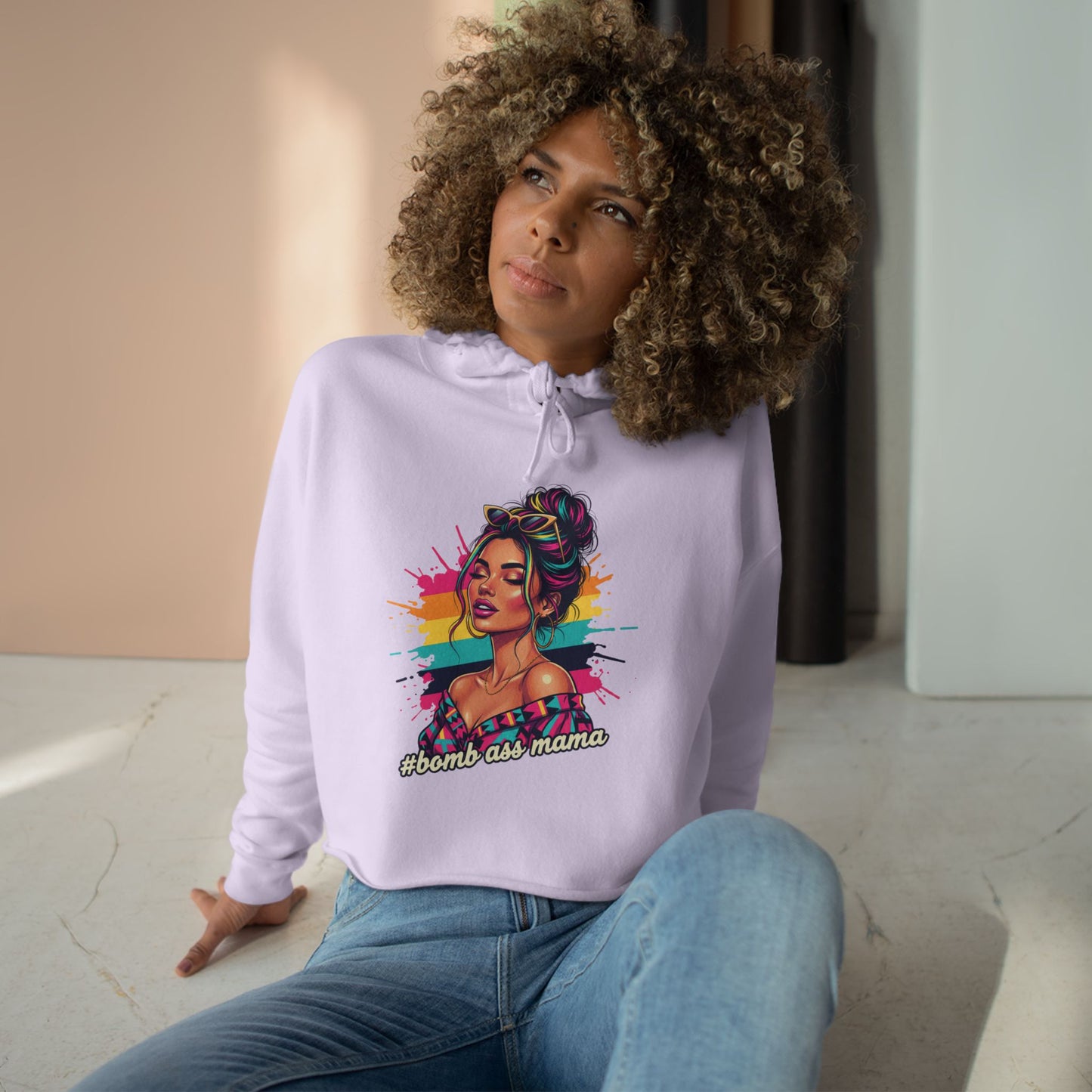 Colorful Pop Art Woman Crop Hoodie | Retro Paint Splash Portrait, Bad A*s Mama pullover