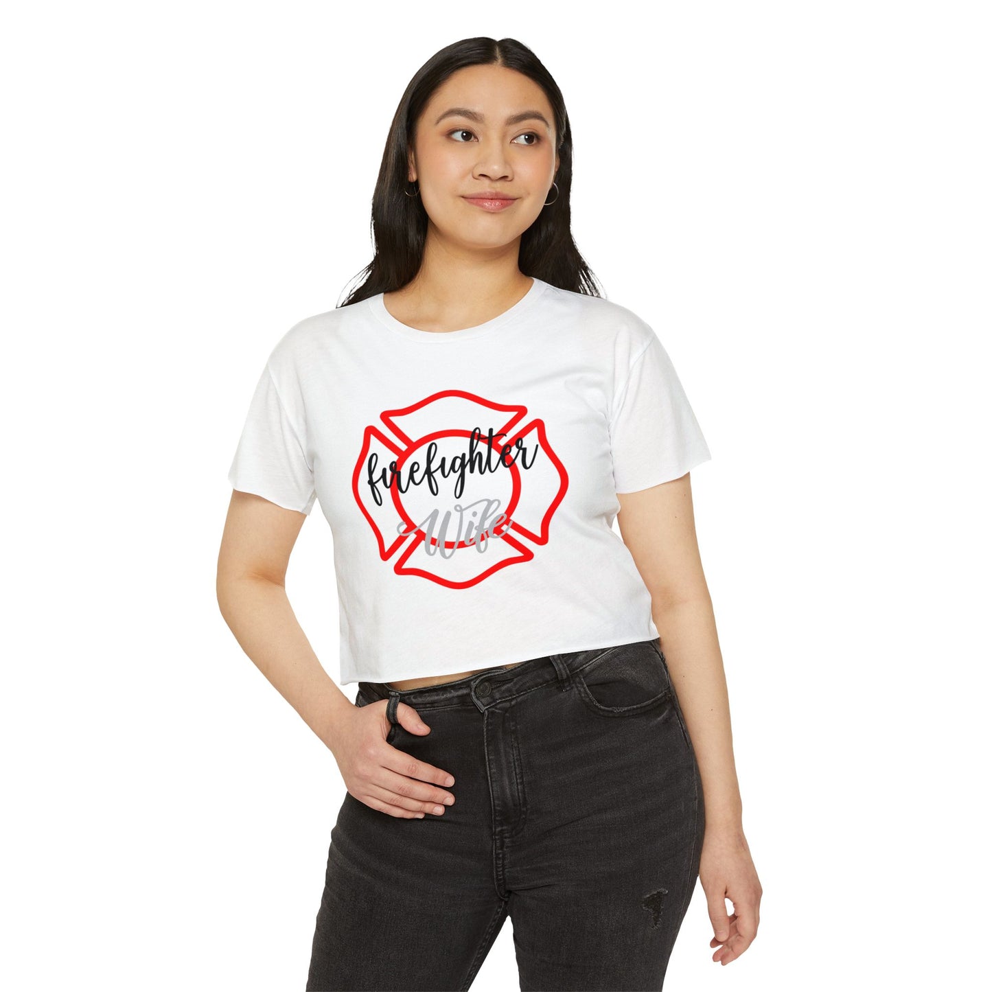 Firefighter Wife Crop Top — Women’s Festival Tee with Maltese Cross Design