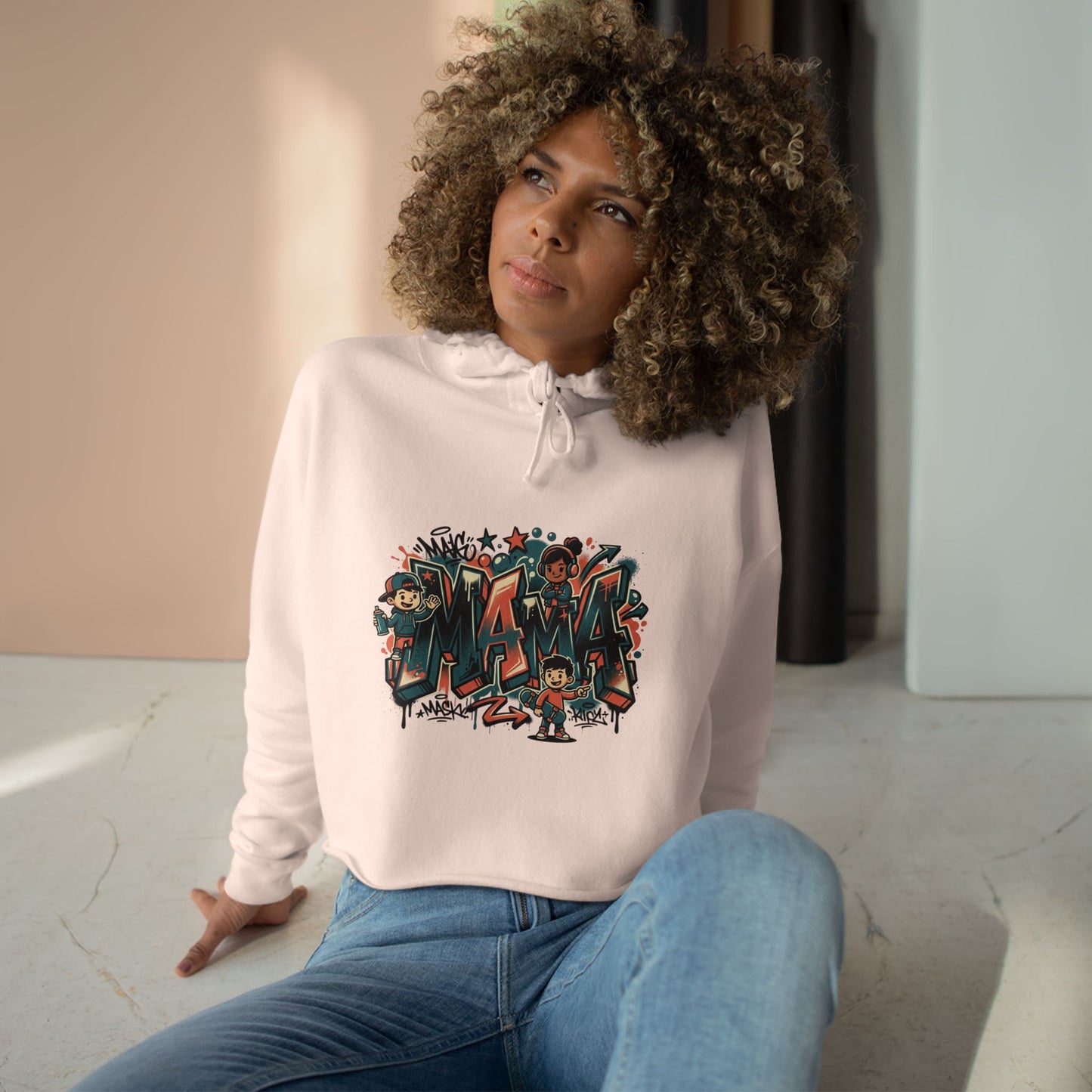 Graffiti Mural Cartoon Characters Crop Hoodie | Urban Street Art, Colorful Lettering