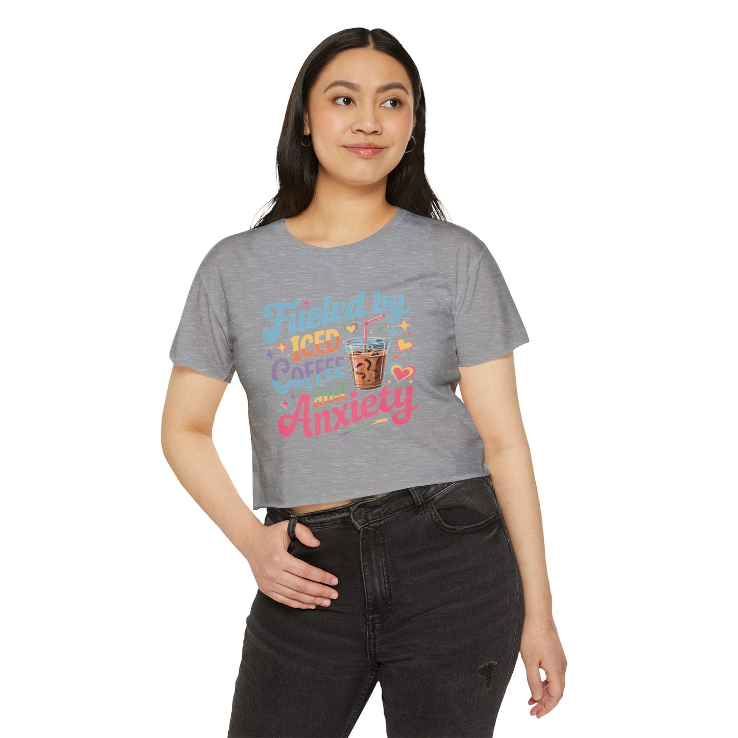 Festival Crop Top — "Fueled by Iced Coffee and Anxiety" Cute Graphic Tee for Women