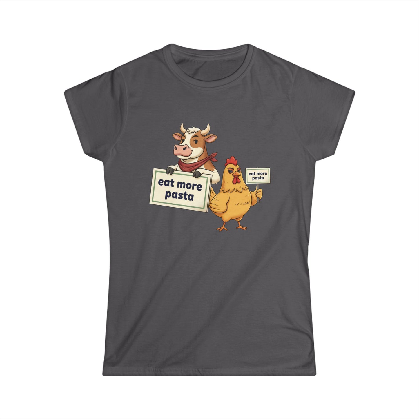 Women's Tee – Cute Cow & Chicken "Eat More Pasta" Cartoon Graphic