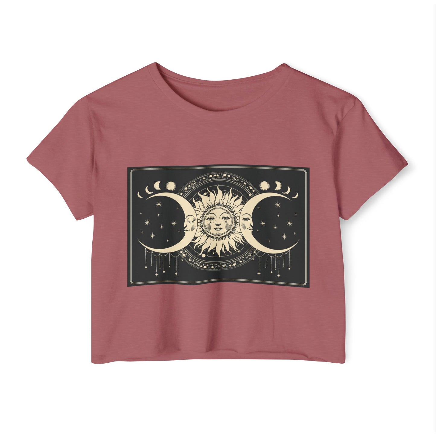Celestial Sun & Moon Crop Top — Boho Festival Women's Tee