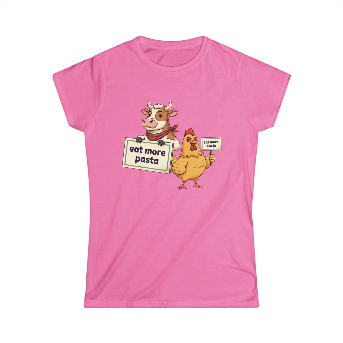 Women's Tee – Cute Cow & Chicken "Eat More Pasta" Cartoon Graphic