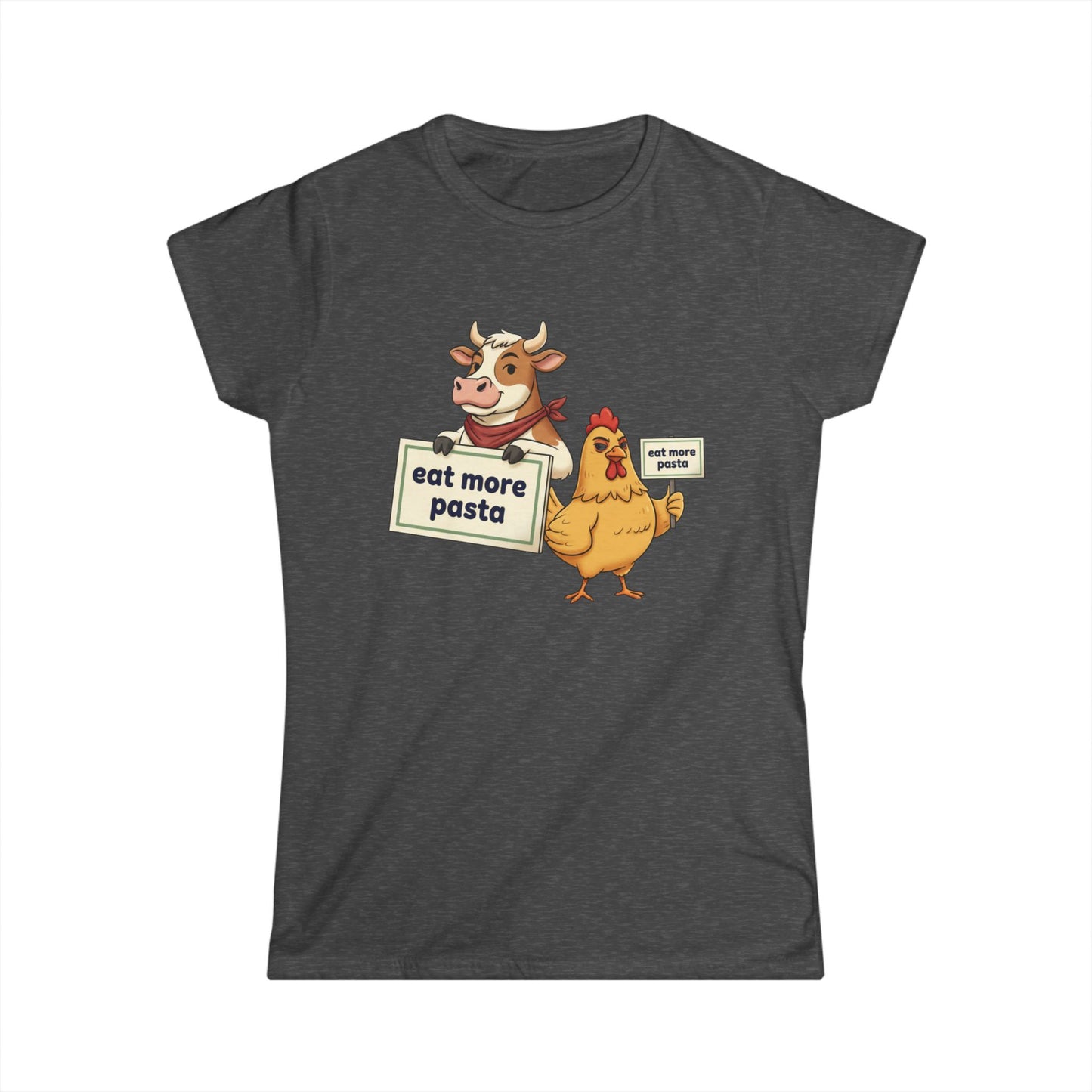Women's Tee – Cute Cow & Chicken "Eat More Pasta" Cartoon Graphic