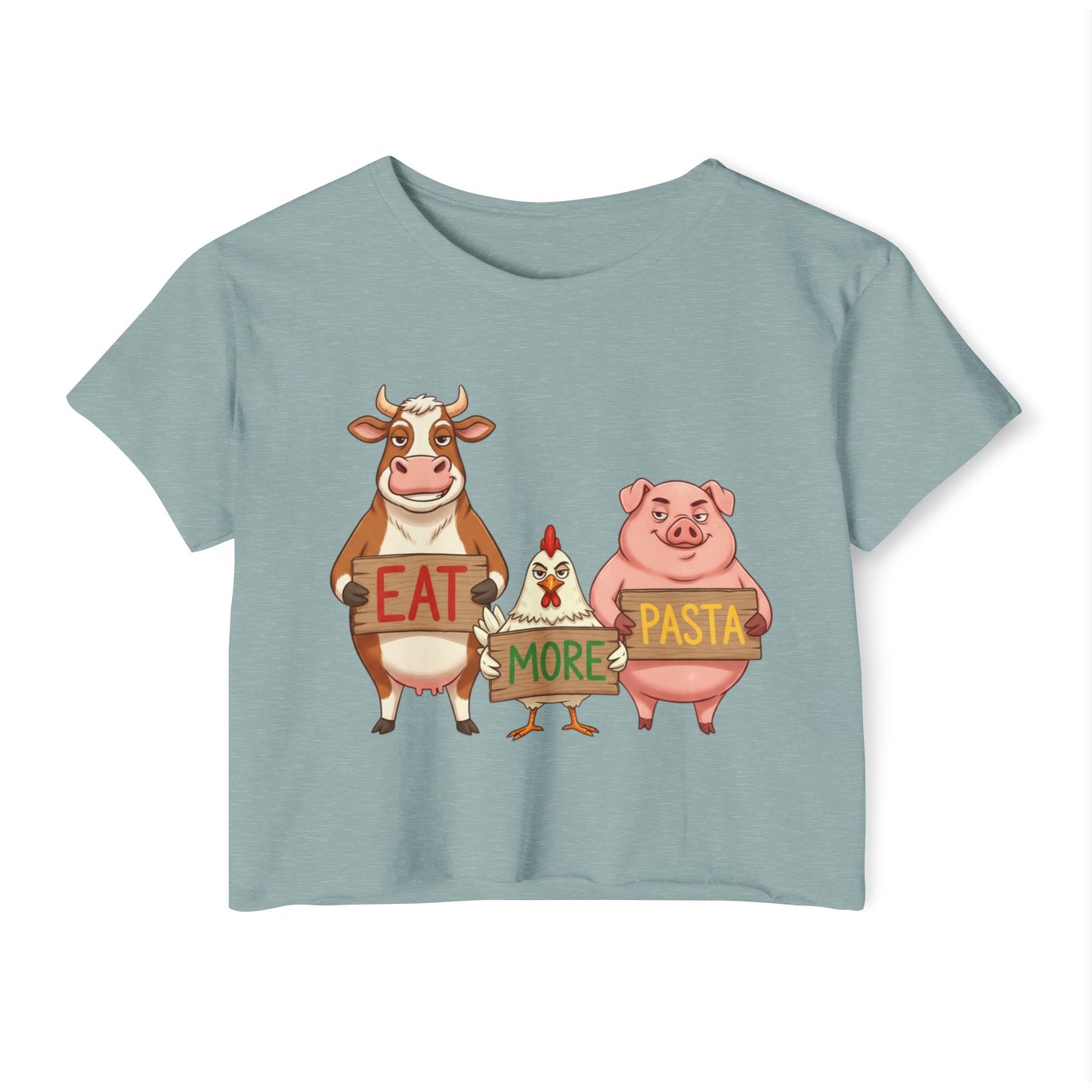 Eat More Pasta cow chicken pig design Crop Top | farm animal illustration, funny