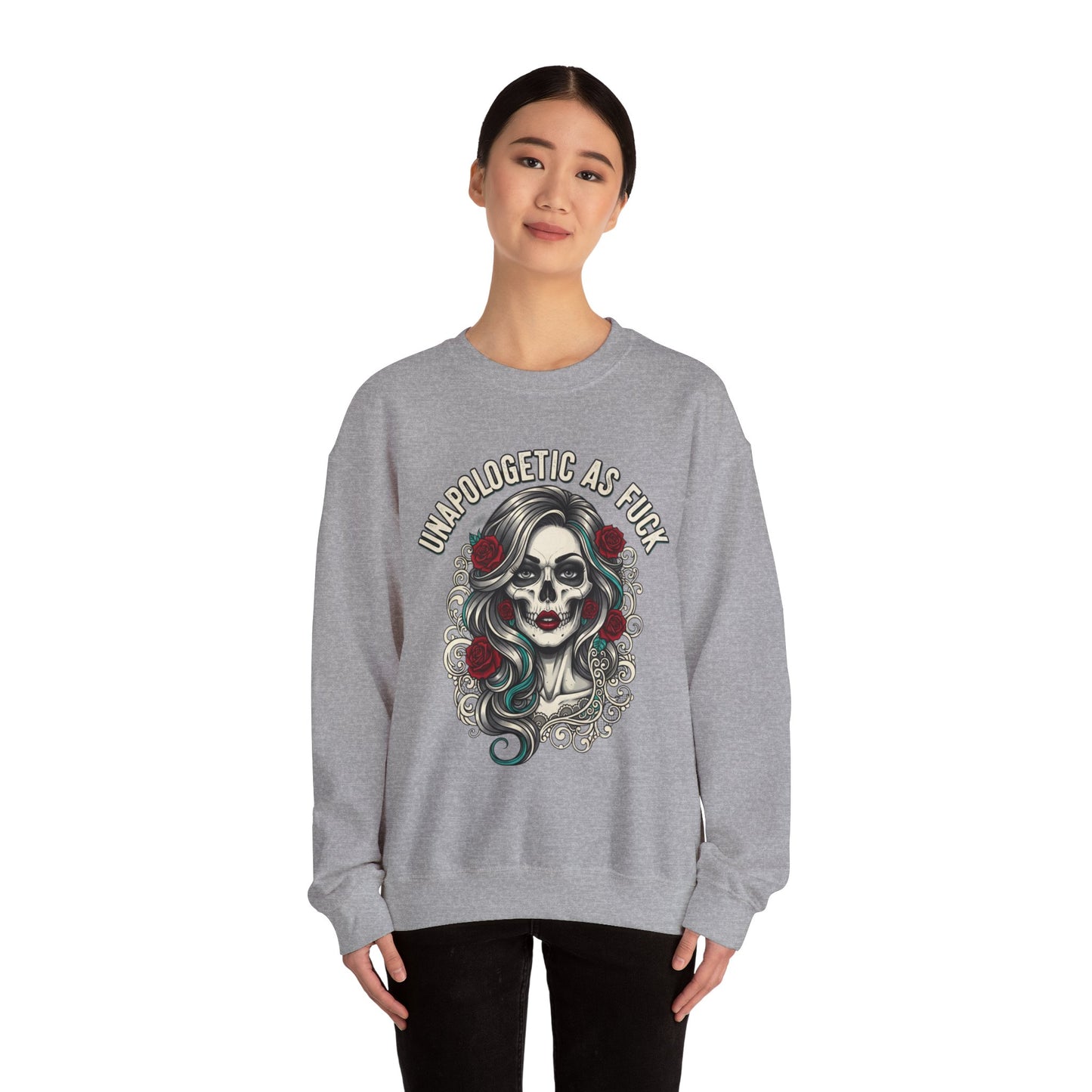 Unapologetic Skull Girl Crewneck Sweatshirt | Day of the Dead Floral Graphic