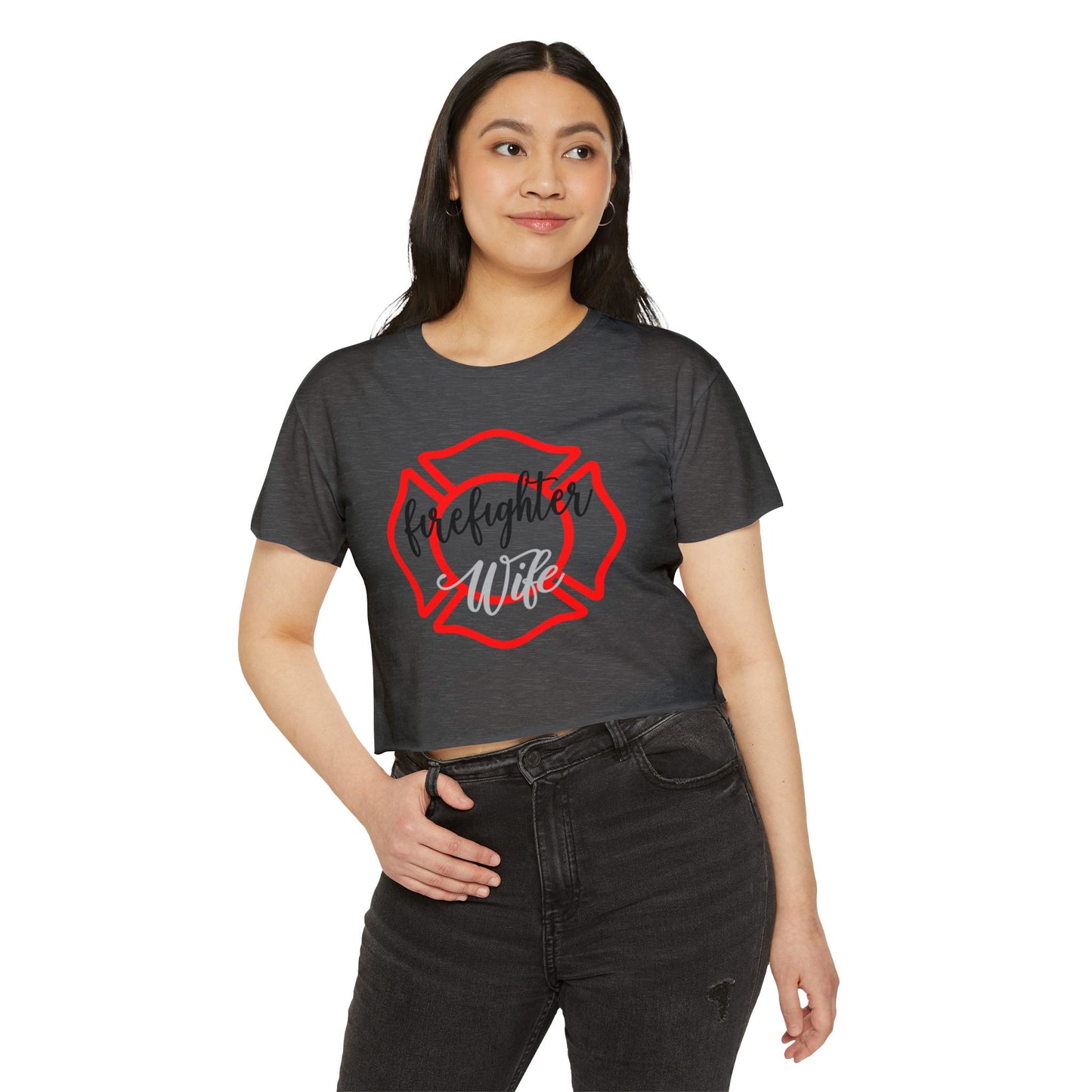 Firefighter Wife Crop Top — Women’s Festival Tee with Maltese Cross Design