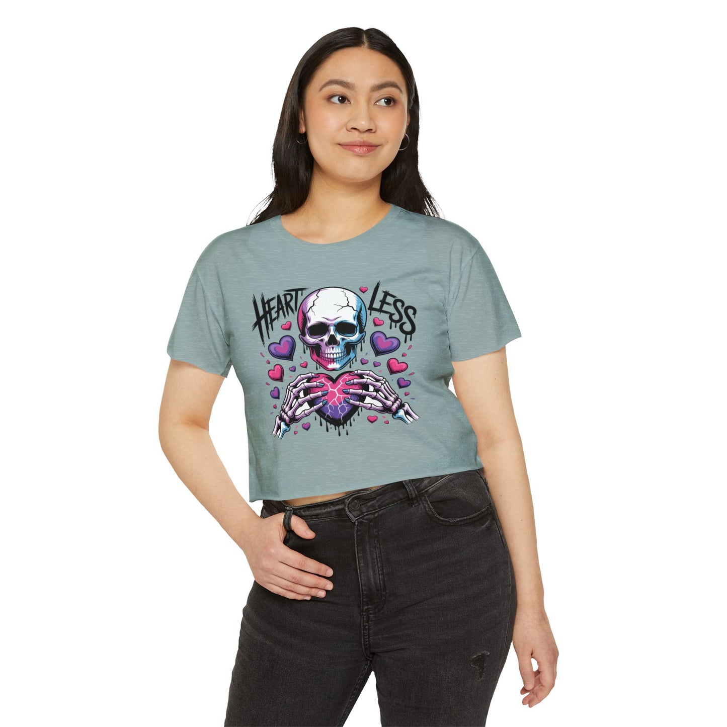 Heartless Skull Heart crop top | skull with pink hearts, edgy festival tee