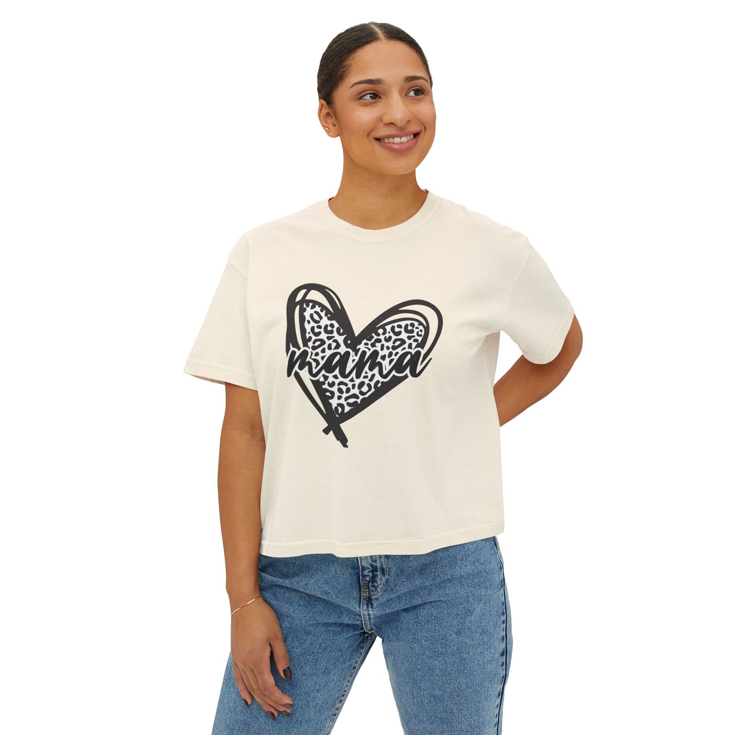 Mama Leopard Heart Boxy Tee — Cute Mother's Day Casual Top