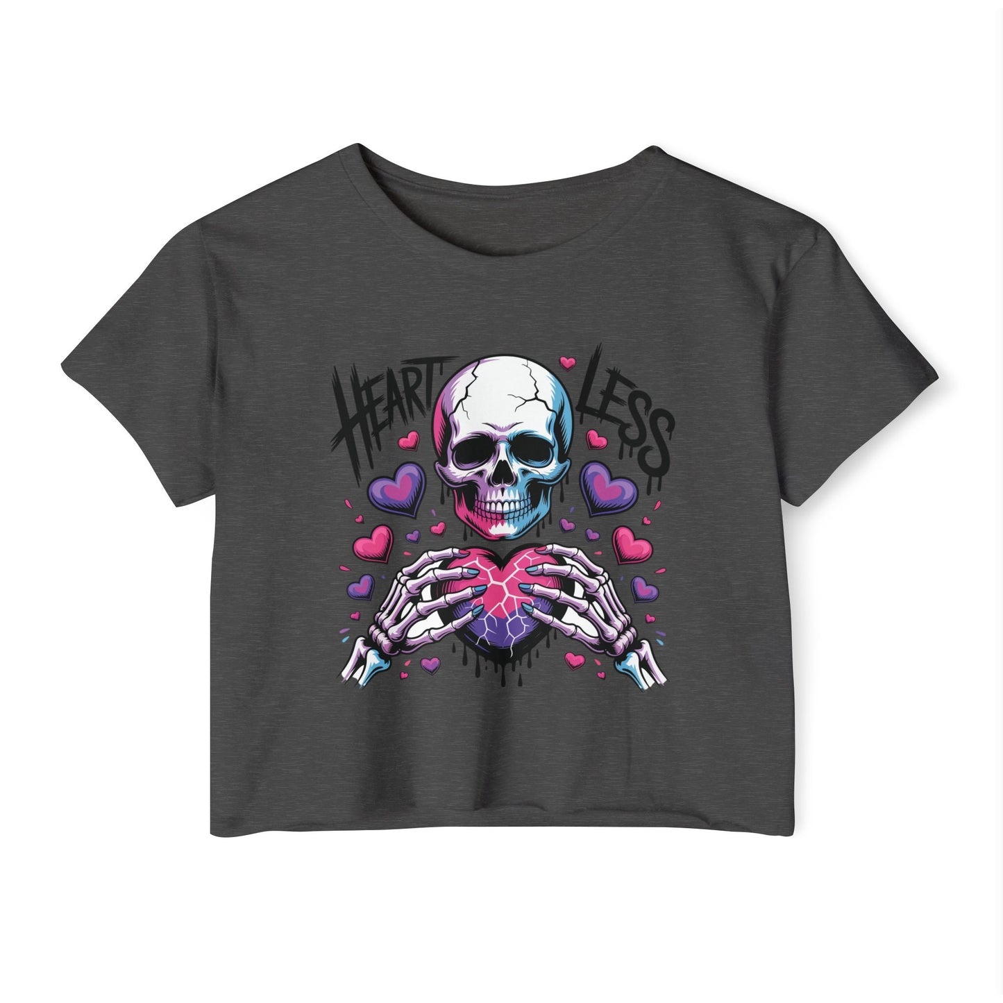 Heartless Skull Heart crop top | skull with pink hearts, edgy festival tee