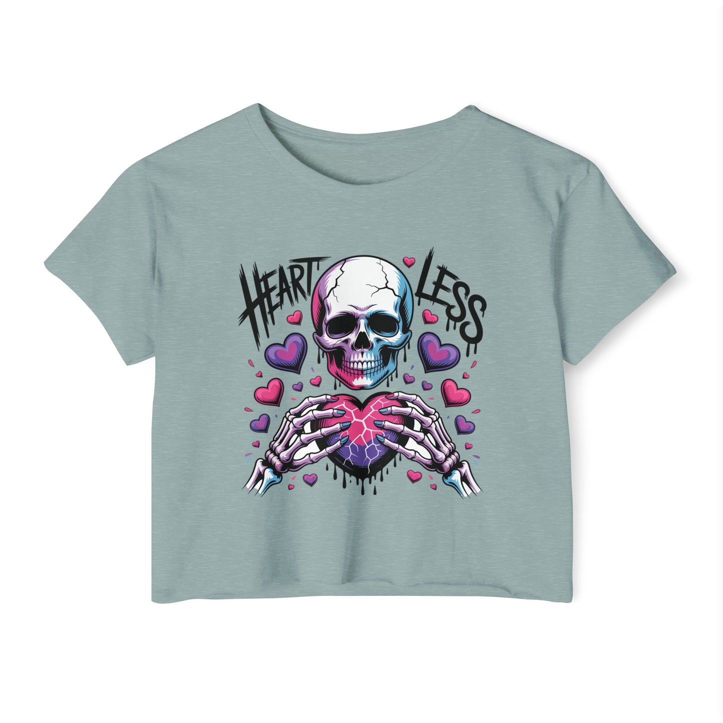 Heartless Skull Heart crop top | skull with pink hearts, edgy festival tee