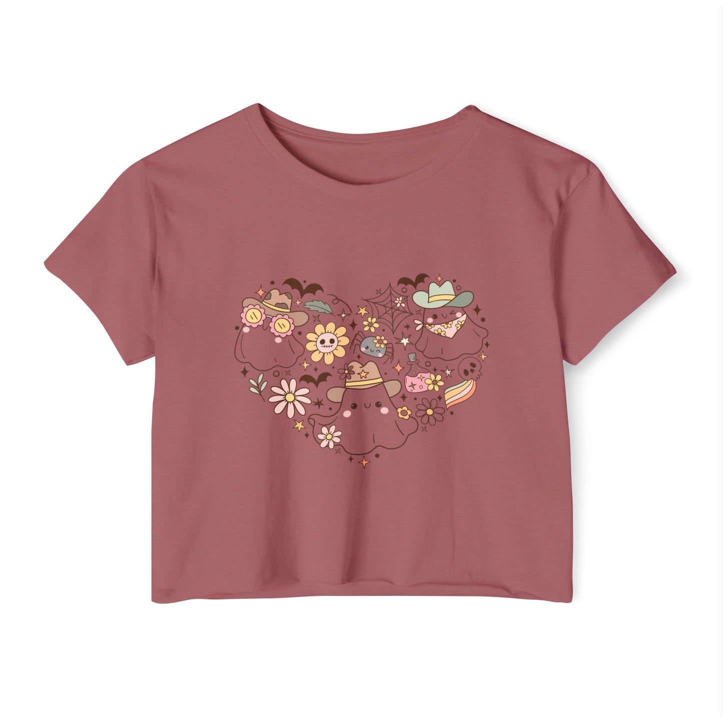 Women's crop Top with Floral Ghost Design, Summer T-Shirt, Boho Style Top, Festival Wear, Cute Casual Summer Shirt