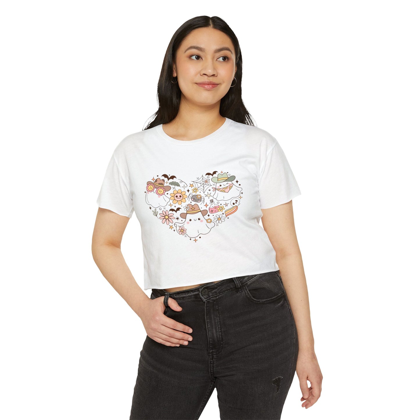 Women's crop Top with Floral Ghost Design, Summer T-Shirt, Boho Style Top, Festival Wear, Cute Casual Summer Shirt
