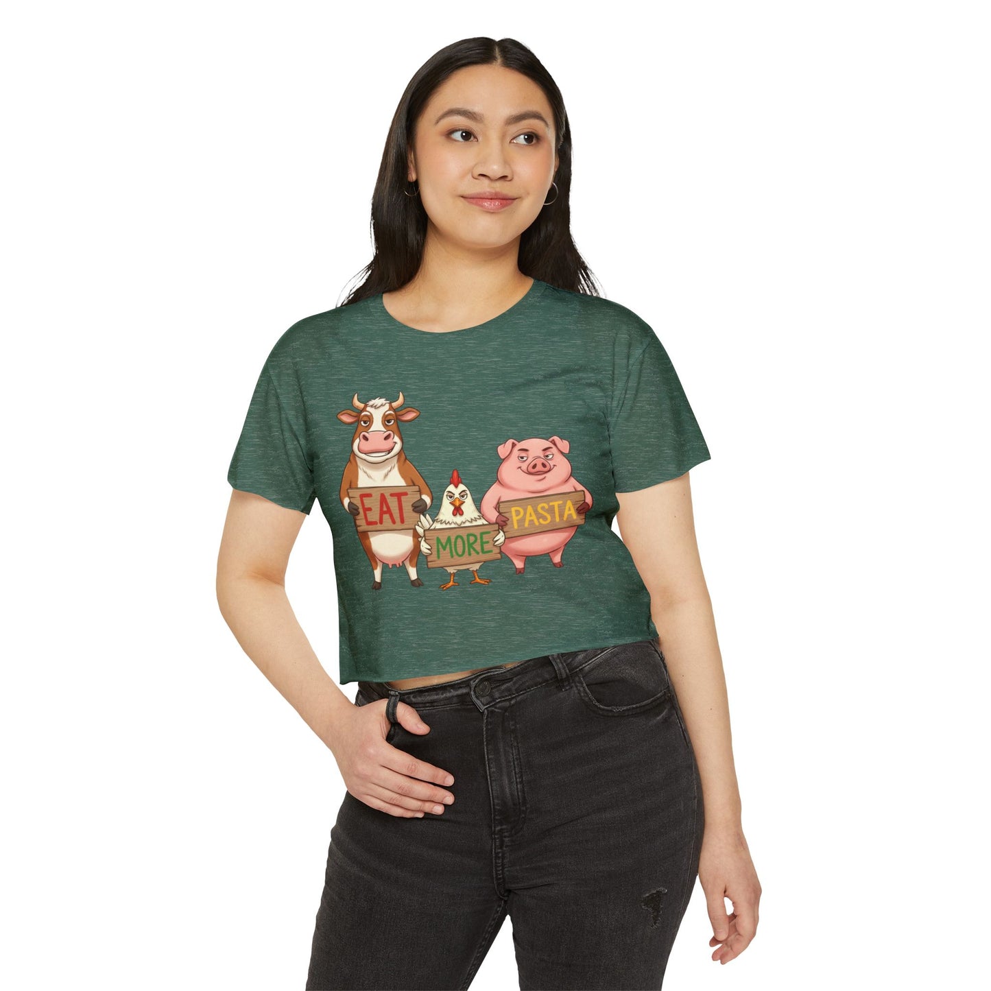 Eat More Pasta cow chicken pig design Crop Top | farm animal illustration, funny