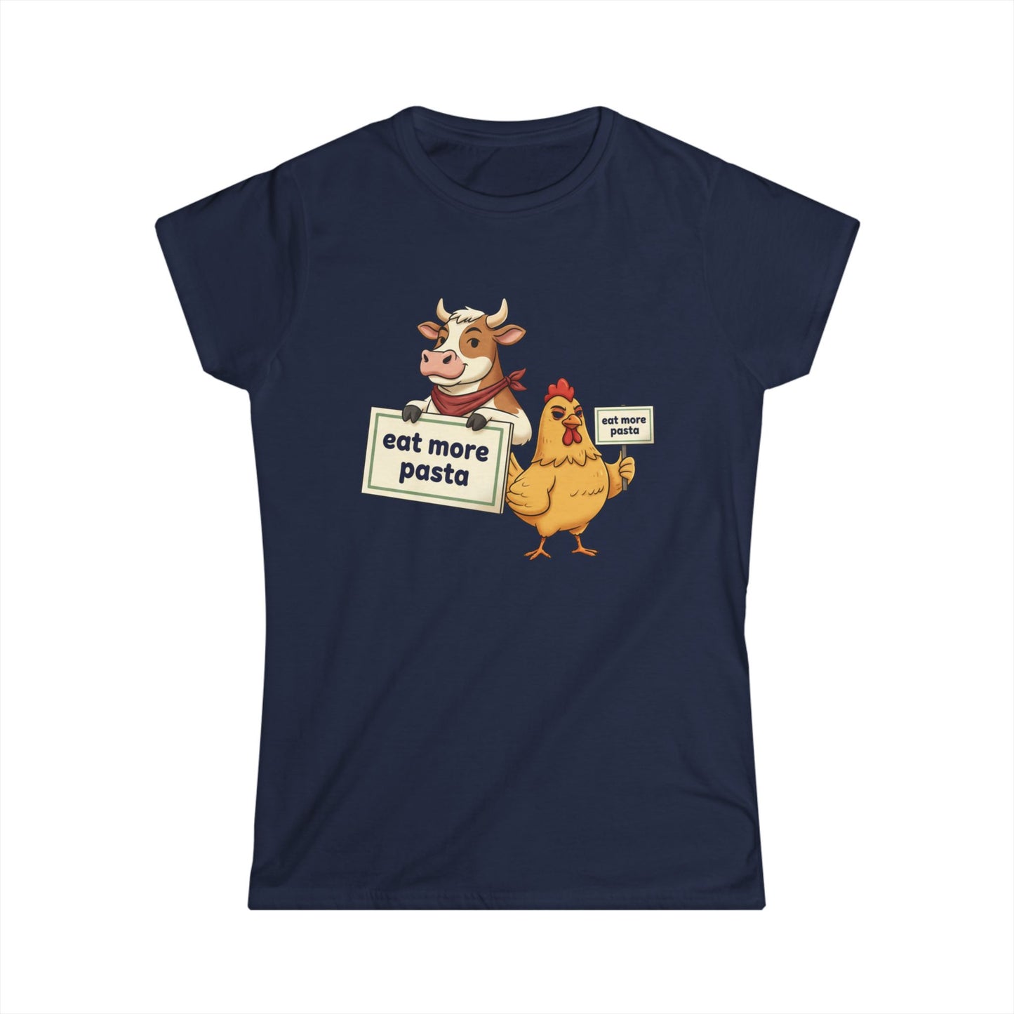 Women's Tee – Cute Cow & Chicken "Eat More Pasta" Cartoon Graphic