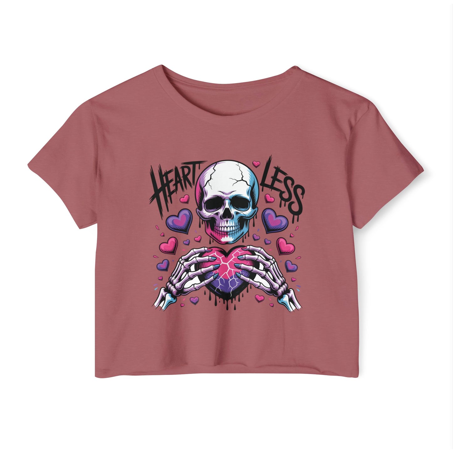 Heartless Skull Heart crop top | skull with pink hearts, edgy festival tee