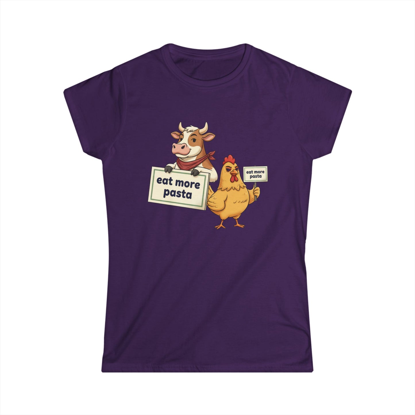 Women's Tee – Cute Cow & Chicken "Eat More Pasta" Cartoon Graphic