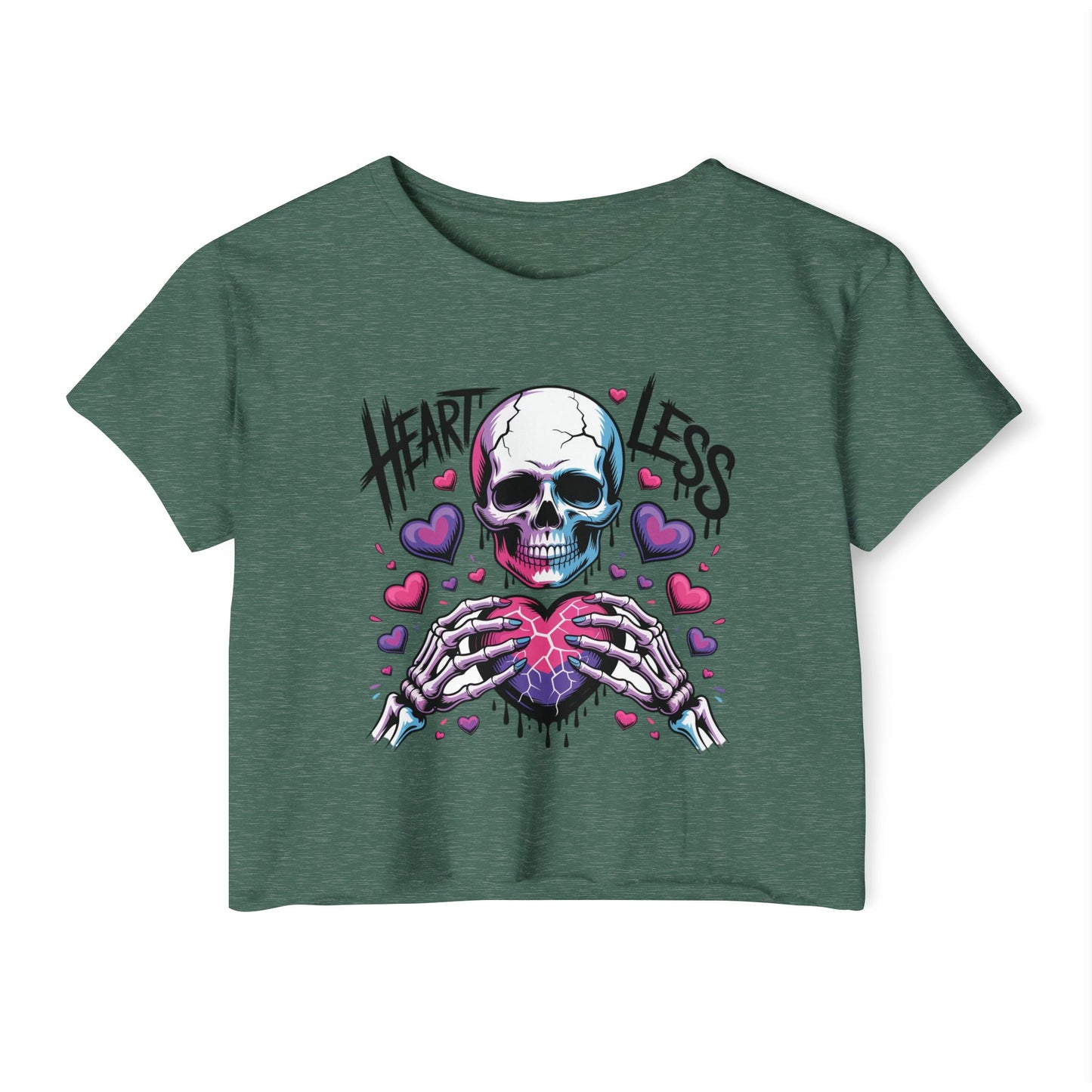 Heartless Skull Heart crop top | skull with pink hearts, edgy festival tee