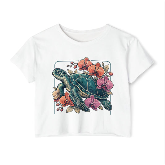 Turtle Floral Crop Top — Women’s Tropical Sea Turtle Graphic Tee