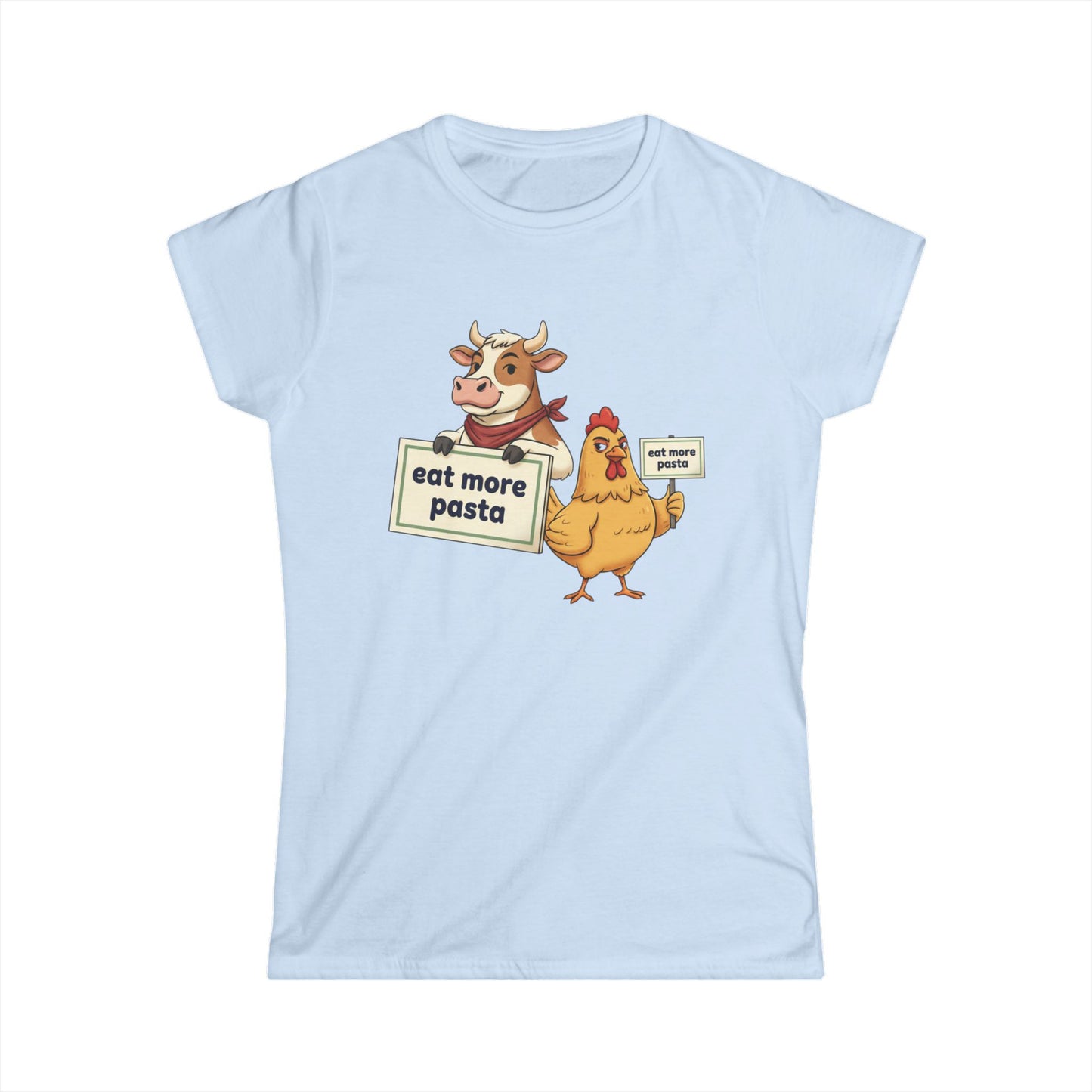 Women's Tee – Cute Cow & Chicken "Eat More Pasta" Cartoon Graphic