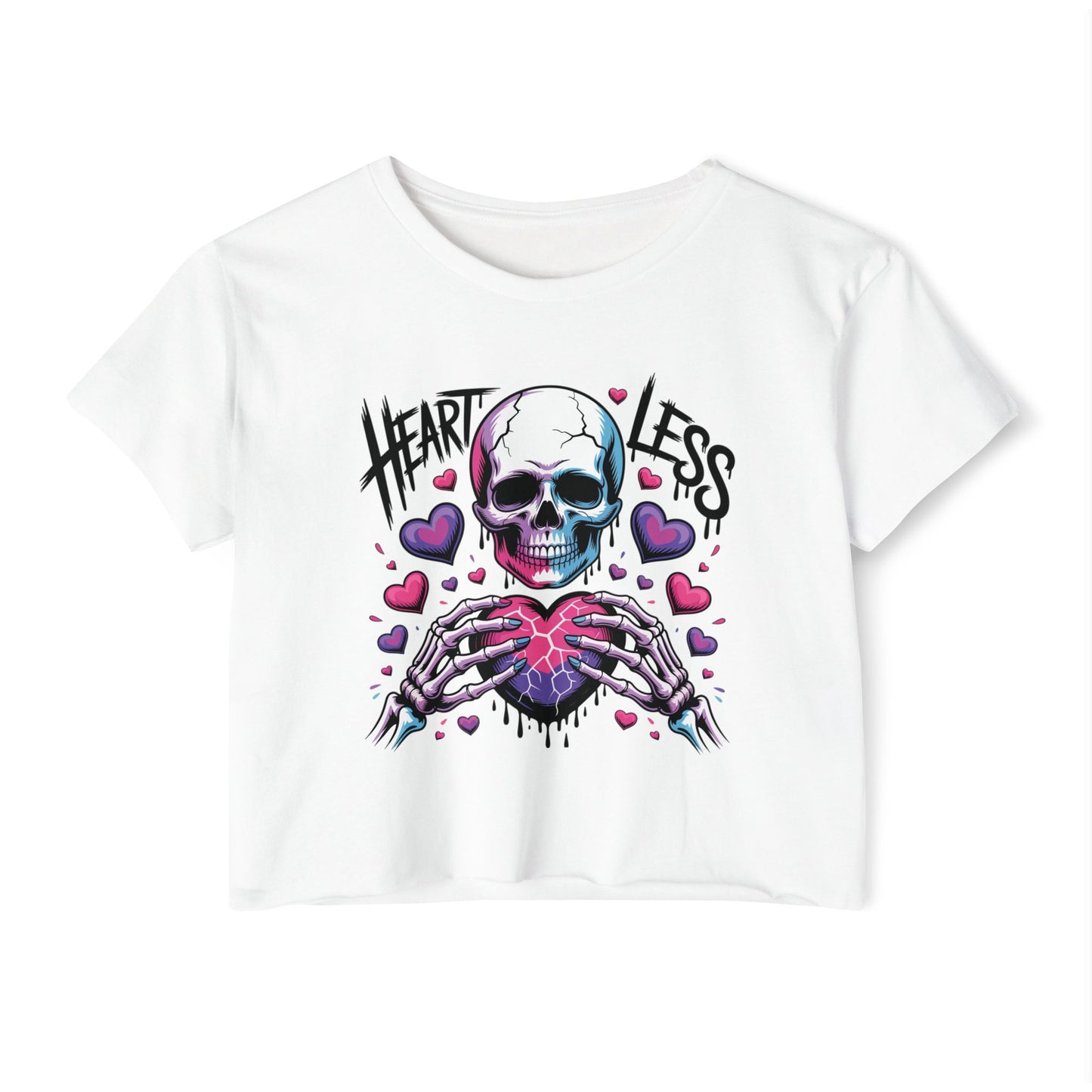Heartless Skull Heart crop top | skull with pink hearts, edgy festival tee