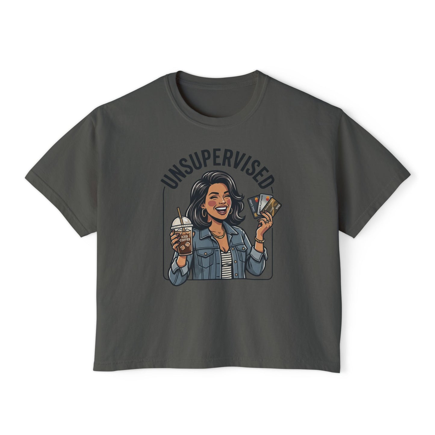 Unsupervised Women's Boxy Tee — Funny Graphic Coffee & Cards Design