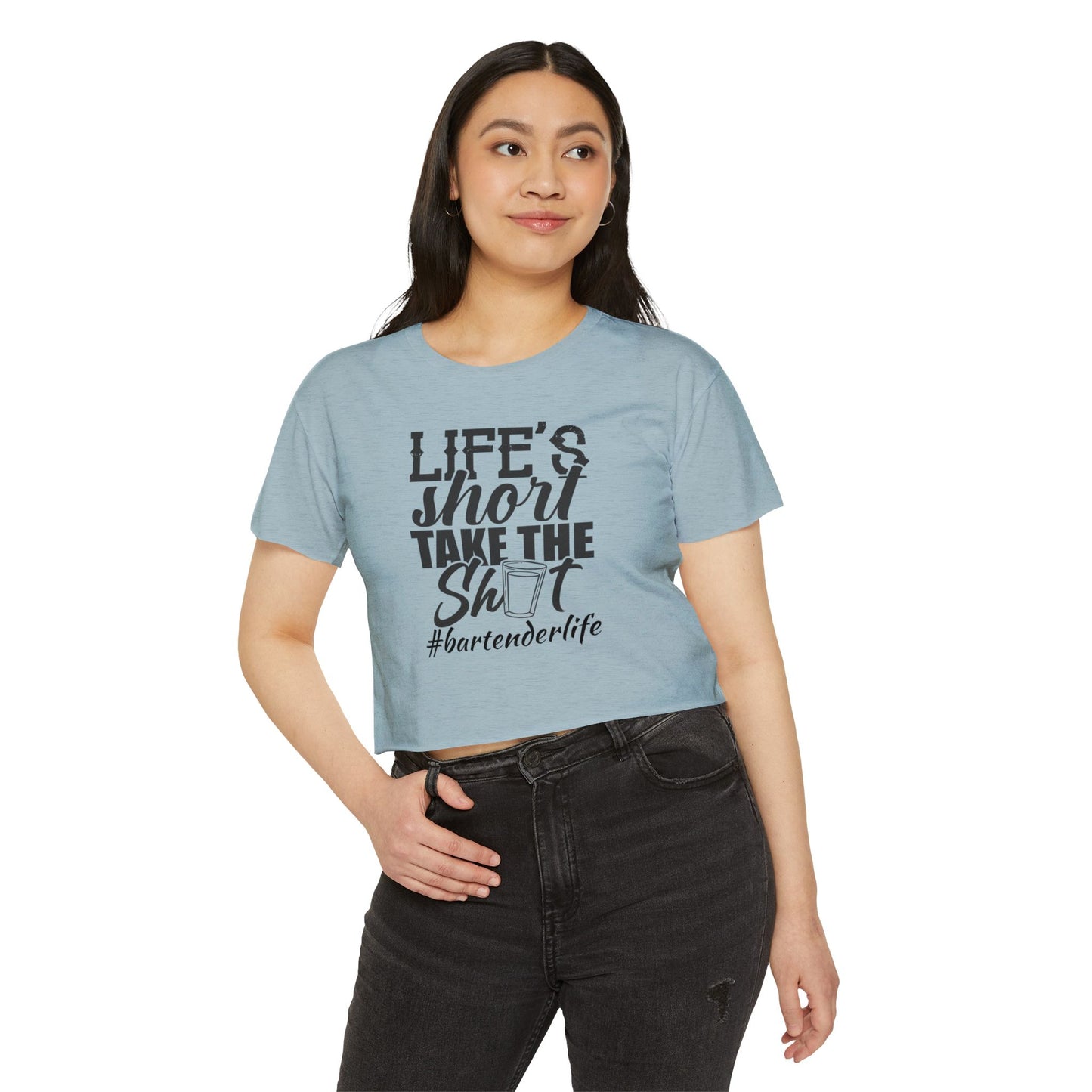 Fun & Playful Festival Crop Top for Women, Bar Outfit, Gift for Bartenders, Summer Music Fest Wear, Life's Short Take the Shot Tee