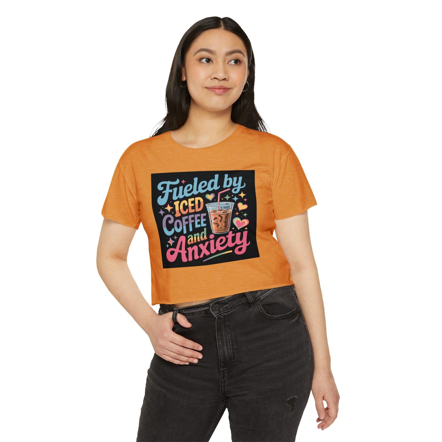 Crop Top — "Fueled by Iced Coffee and Anxiety" Cute Graphic Festival Tee