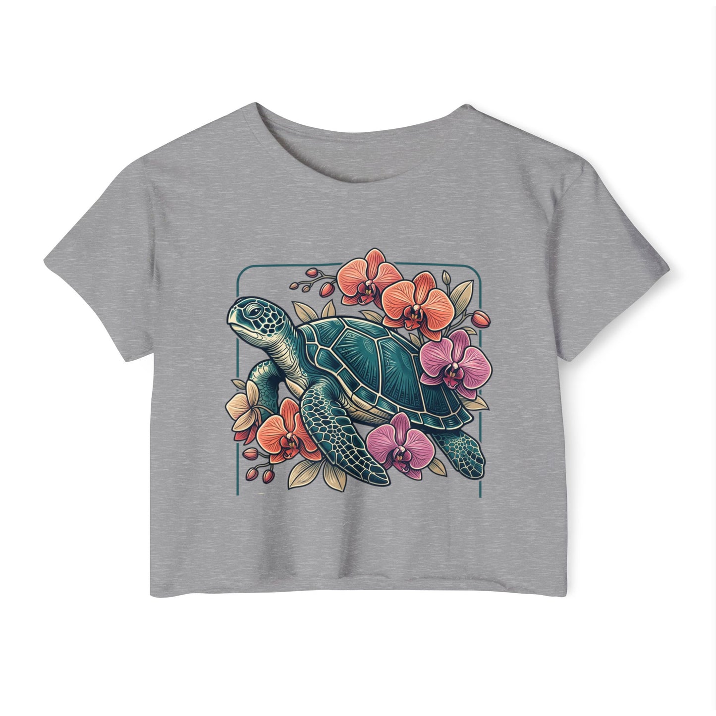Turtle Floral Crop Top — Women’s Tropical Sea Turtle Graphic Tee