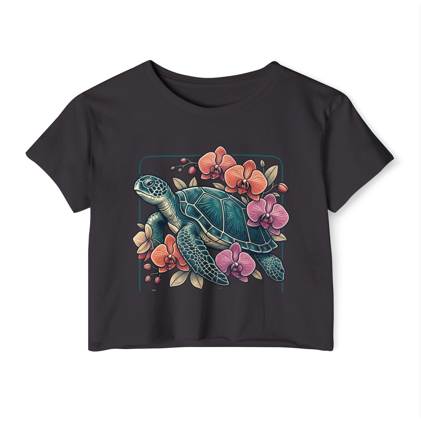 Turtle Floral Crop Top — Women’s Tropical Sea Turtle Graphic Tee
