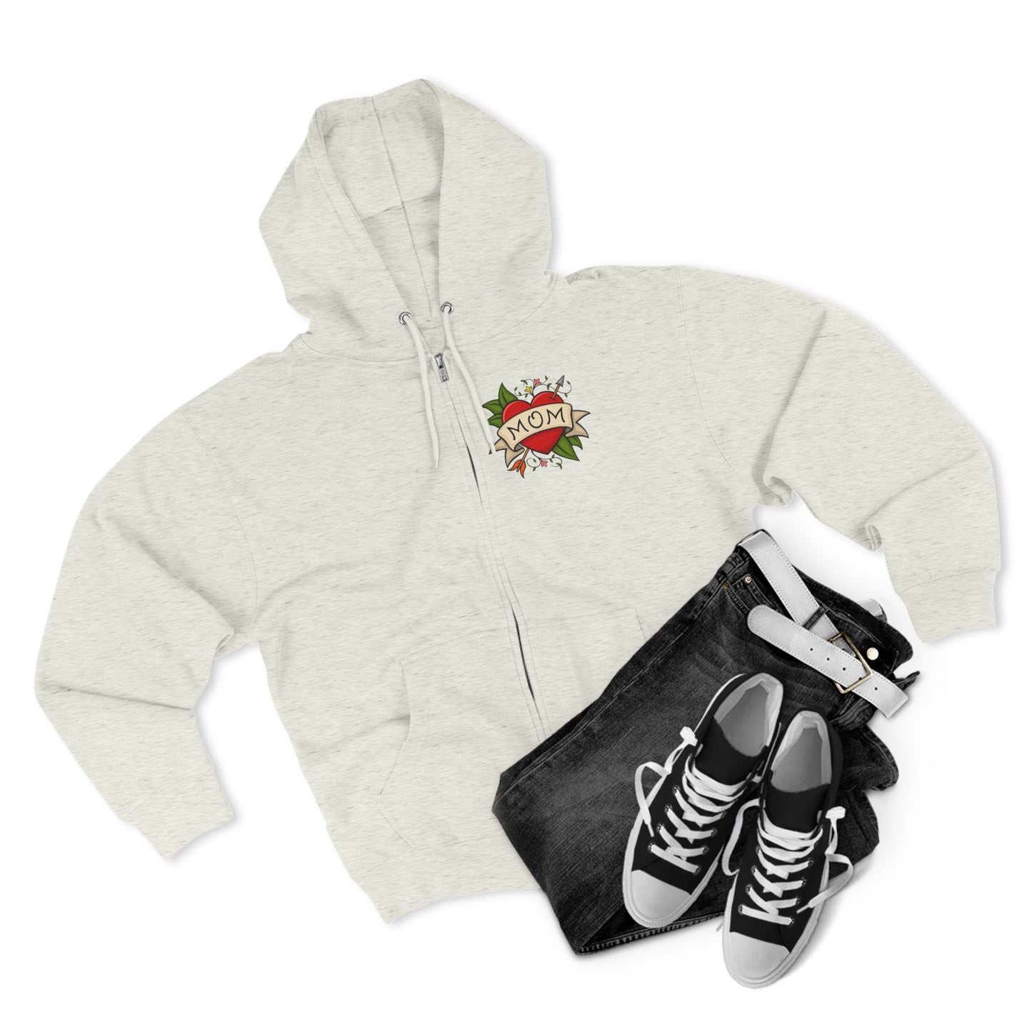 Mom Heart Tattoo Zip Hoodie | Retro Traditional Mom Tattoo Design