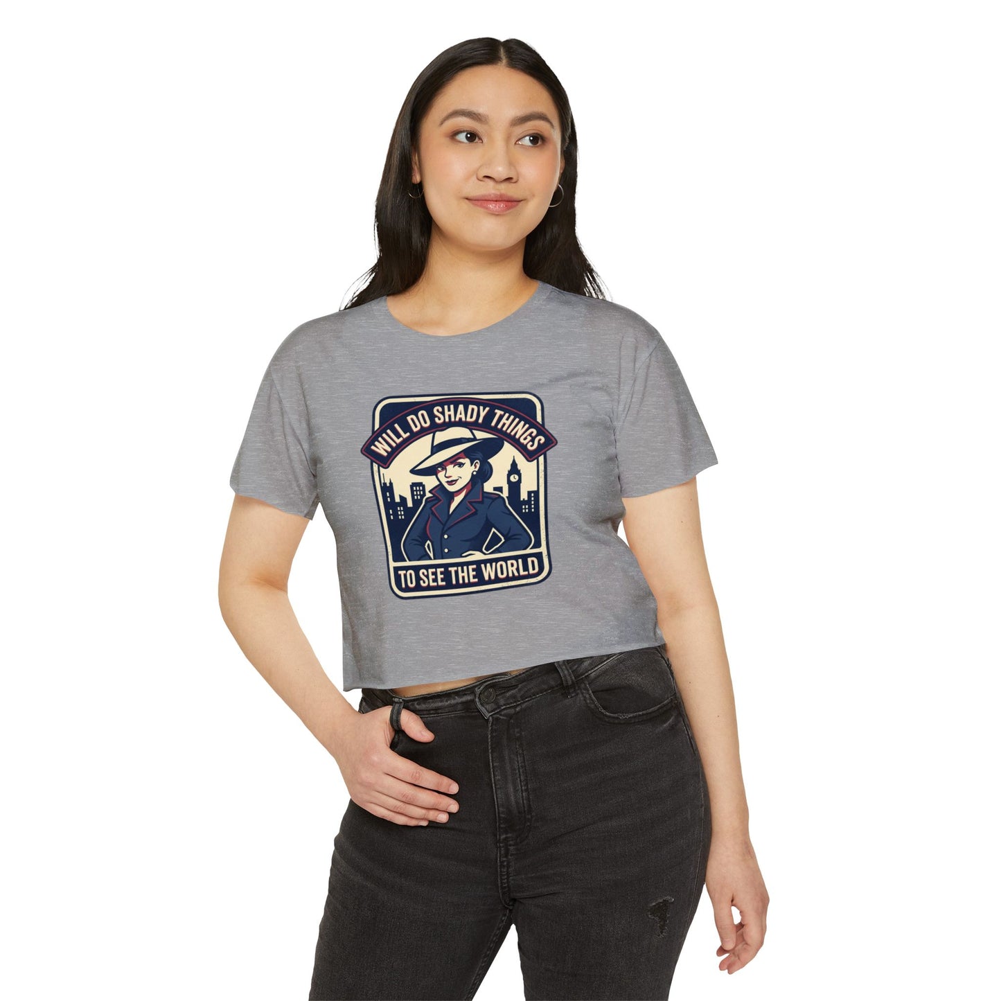 Crop Top — "Will Do Shady Things to See the World" Retro Travel Graphic