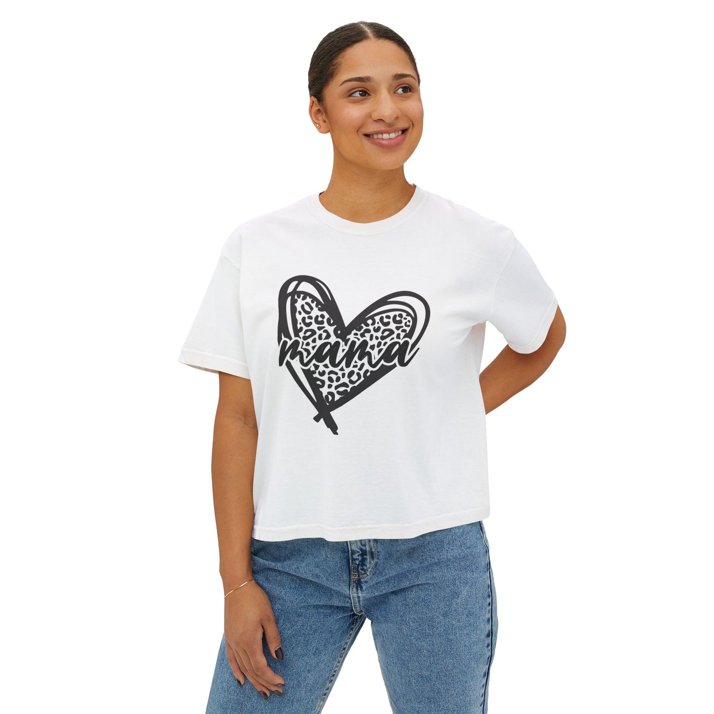 Mama Leopard Heart Boxy Tee — Cute Mother's Day Casual Top
