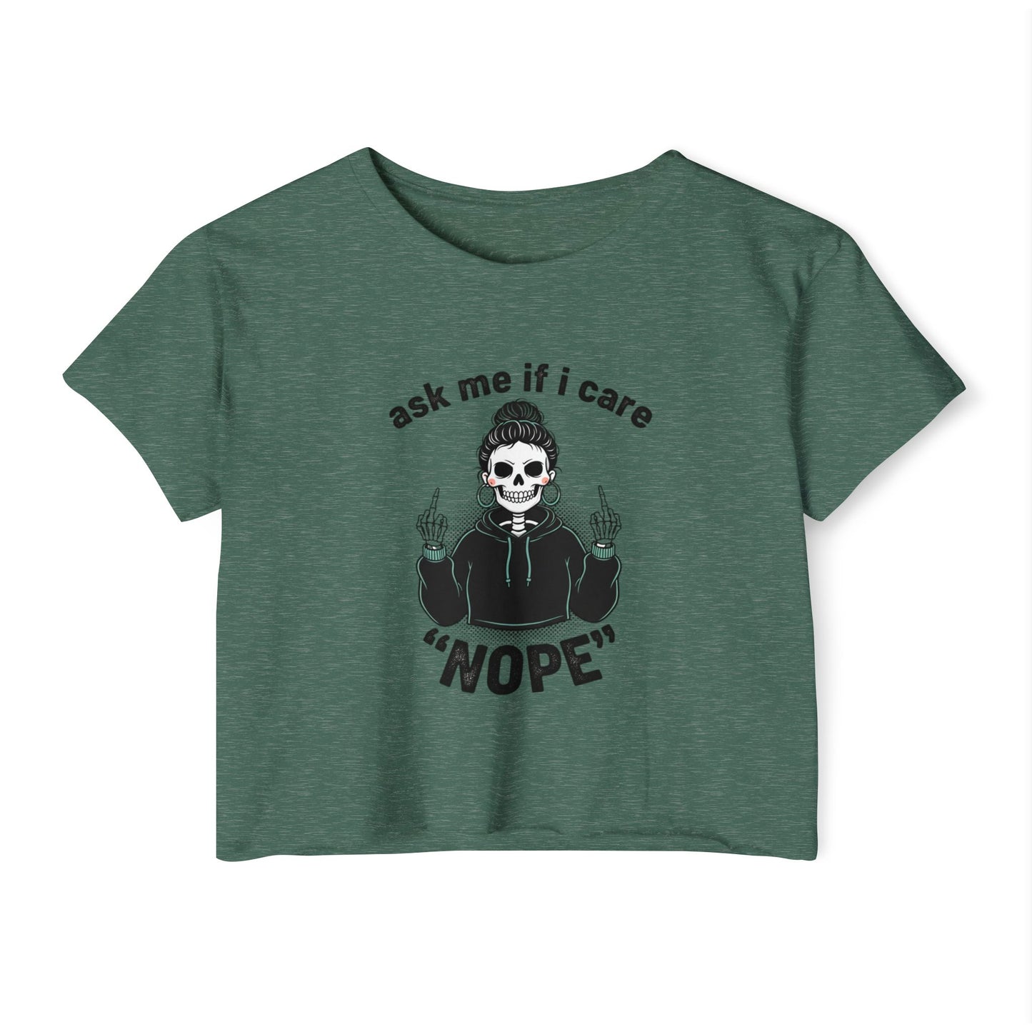 Crop Top — "Ask Me If I Care" Skull Graphic Festival Shirt