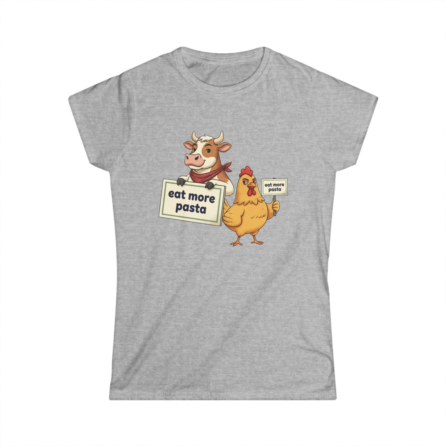 Women's Tee – Cute Cow & Chicken "Eat More Pasta" Cartoon Graphic