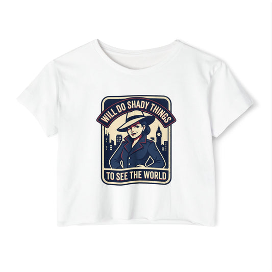 Crop Top — "Will Do Shady Things to See the World" Retro Travel Graphic