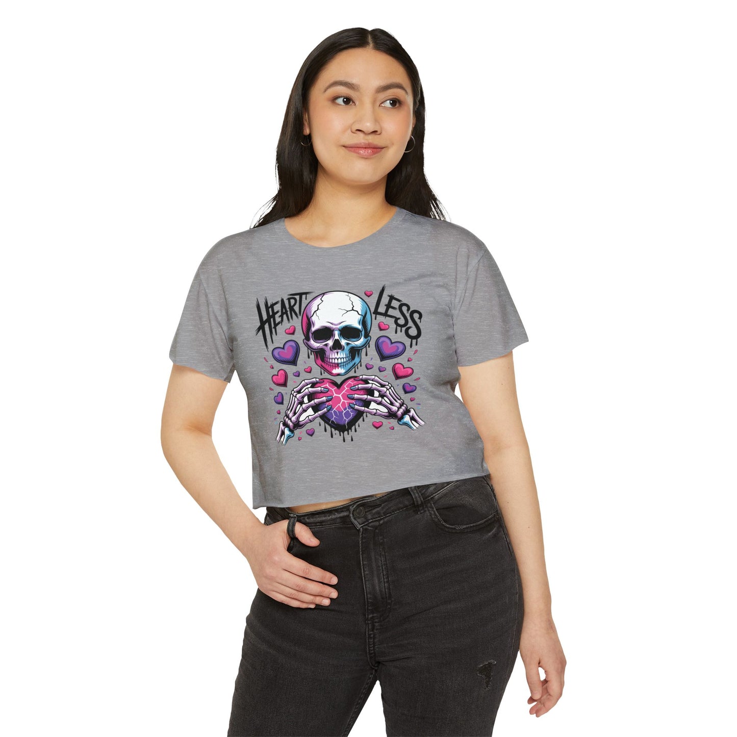 Heartless Skull Heart crop top | skull with pink hearts, edgy festival tee