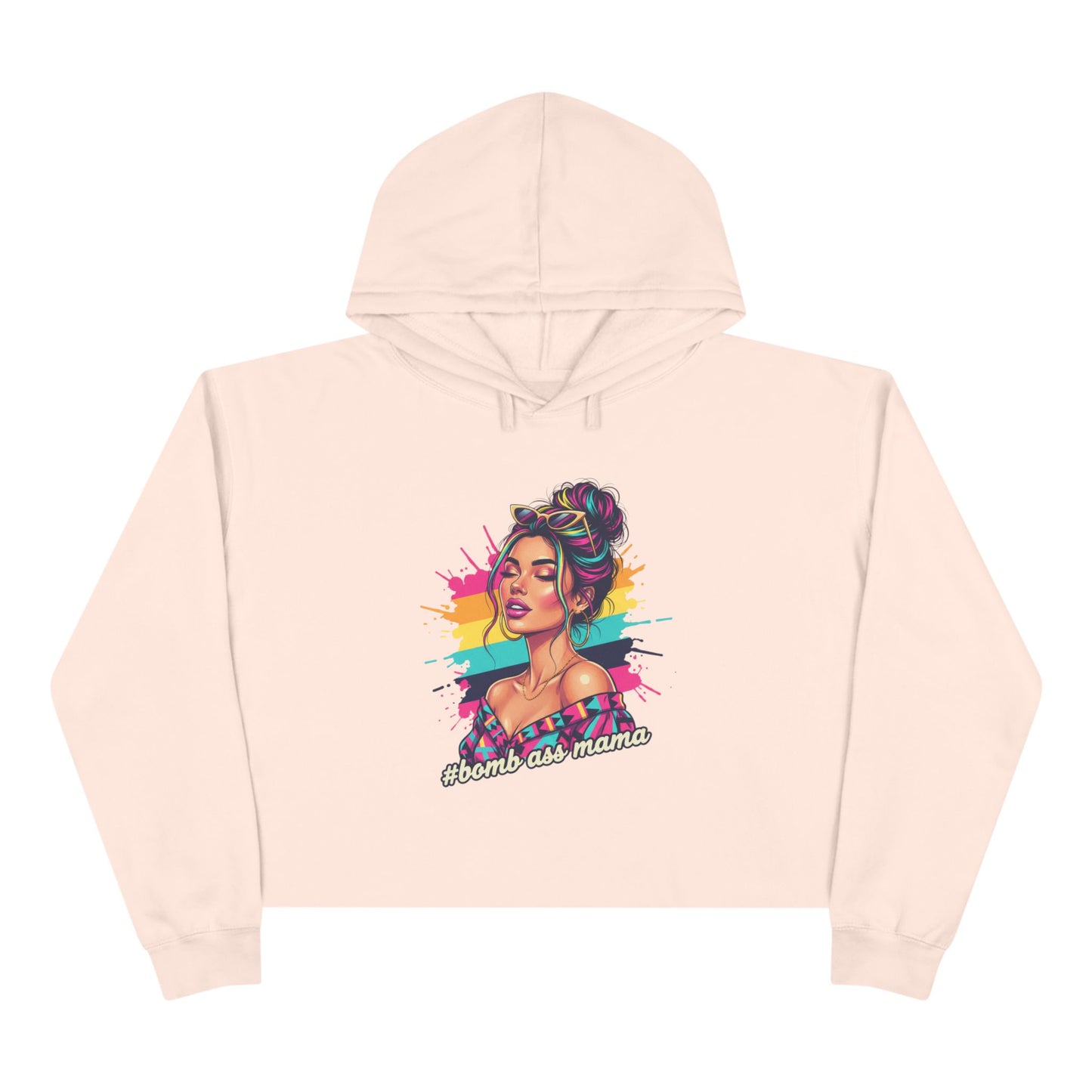 Colorful Pop Art Woman Crop Hoodie | Retro Paint Splash Portrait, Bad A*s Mama pullover