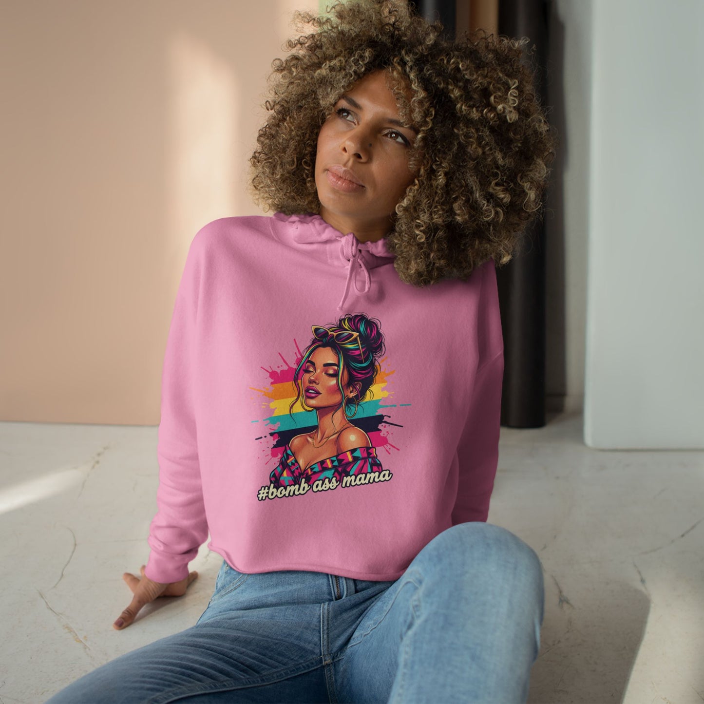 Colorful Pop Art Woman Crop Hoodie | Retro Paint Splash Portrait, Bad A*s Mama pullover