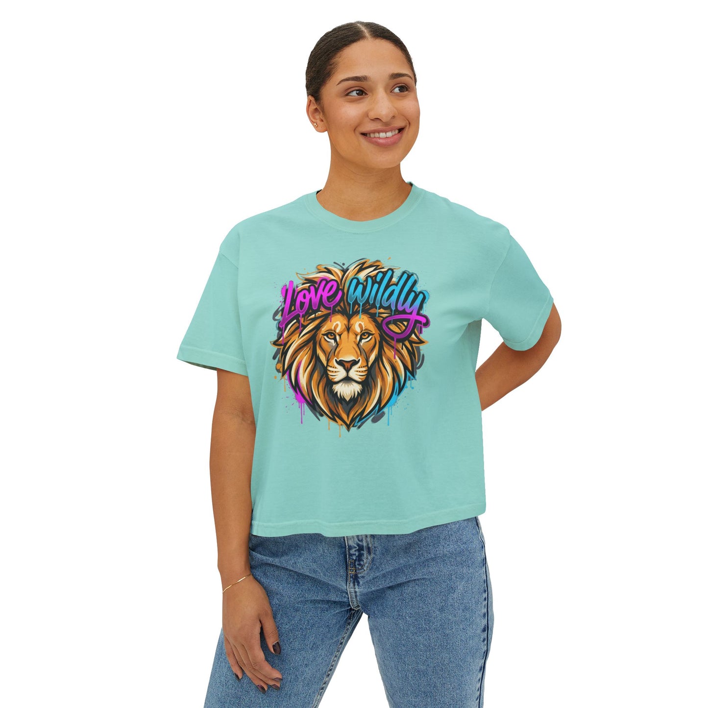Love Wildly Lion Graphic Tee | Women's Boxy Tee, Colorful Lion Illustration