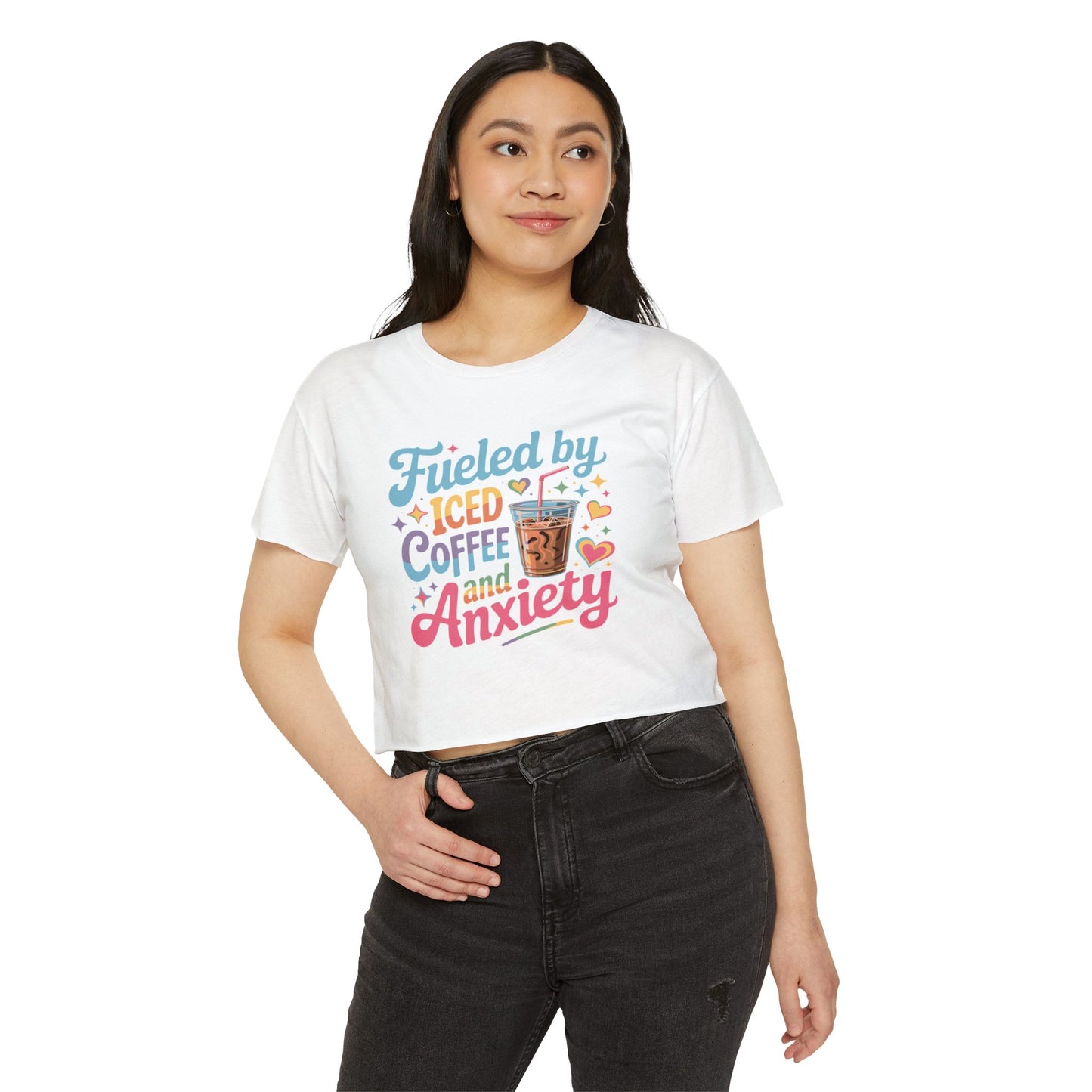 Festival Crop Top — "Fueled by Iced Coffee and Anxiety" Cute Graphic Tee for Women