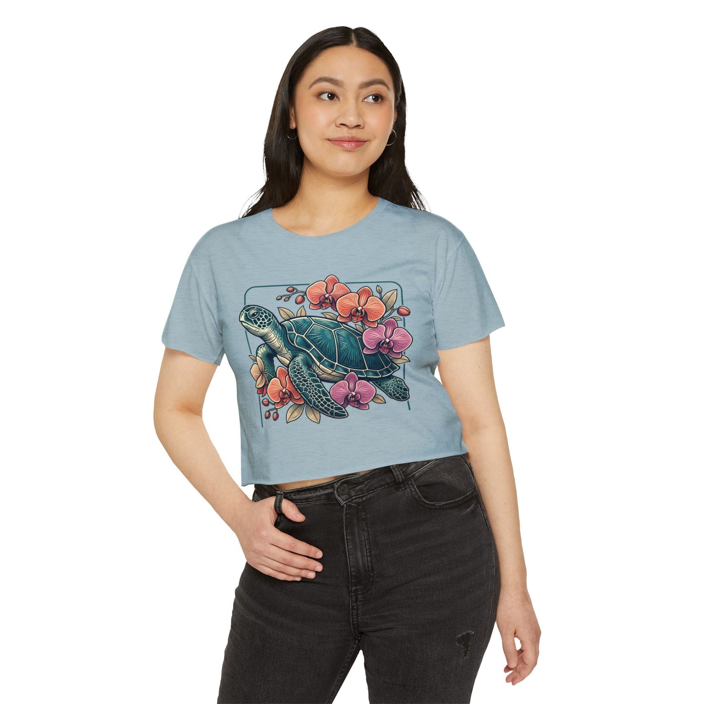 Turtle Floral Crop Top — Women’s Tropical Sea Turtle Graphic Tee