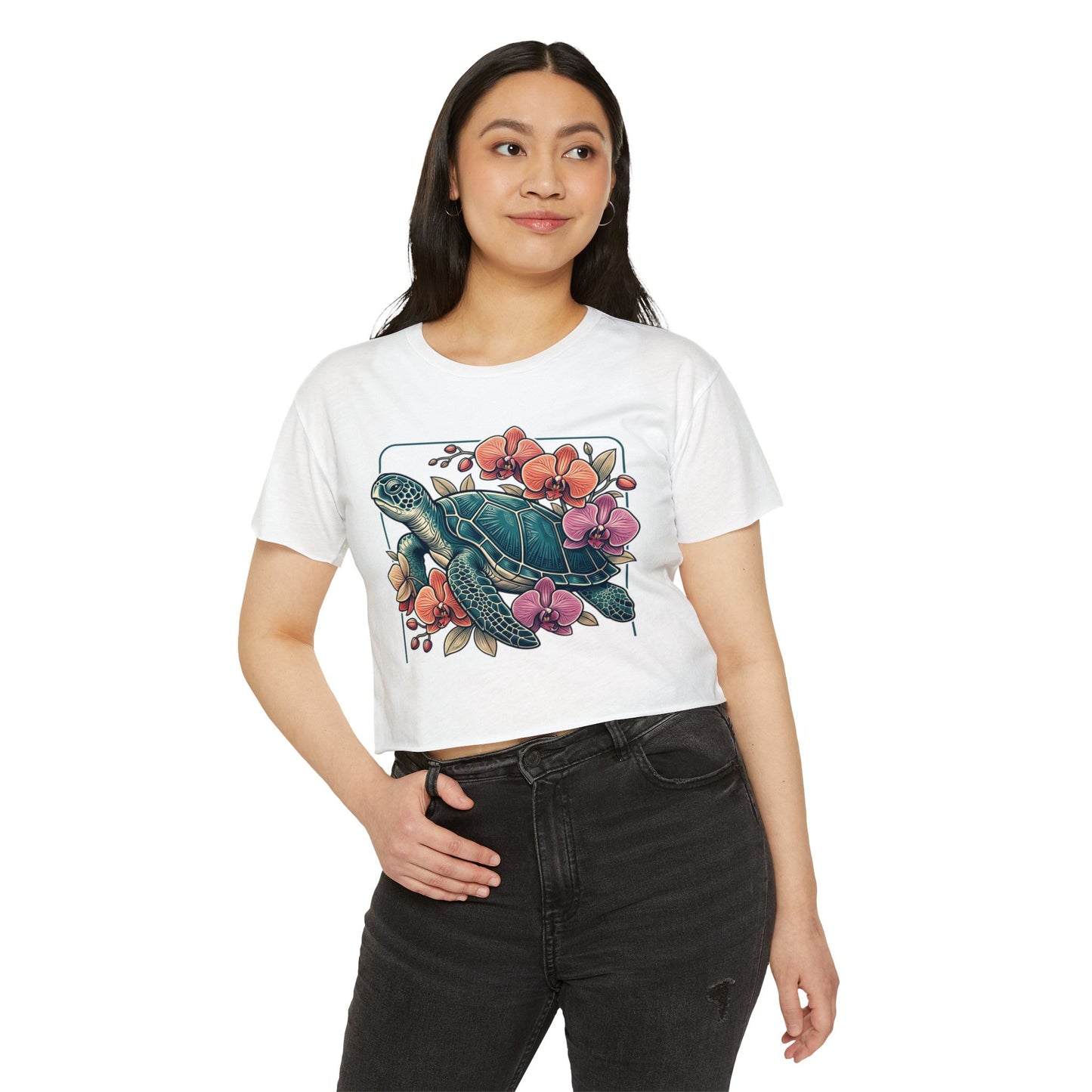 Turtle Floral Crop Top — Women’s Tropical Sea Turtle Graphic Tee