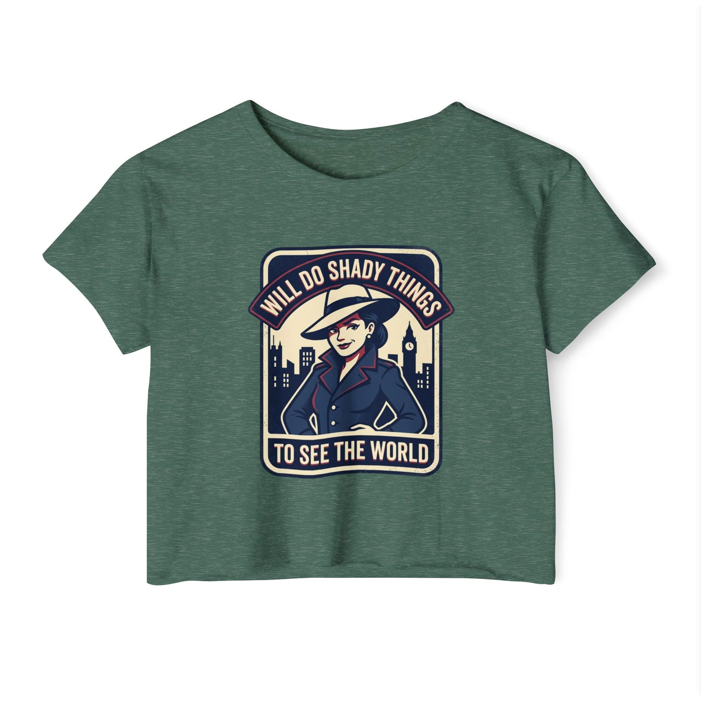 Crop Top — "Will Do Shady Things to See the World" Retro Travel Graphic