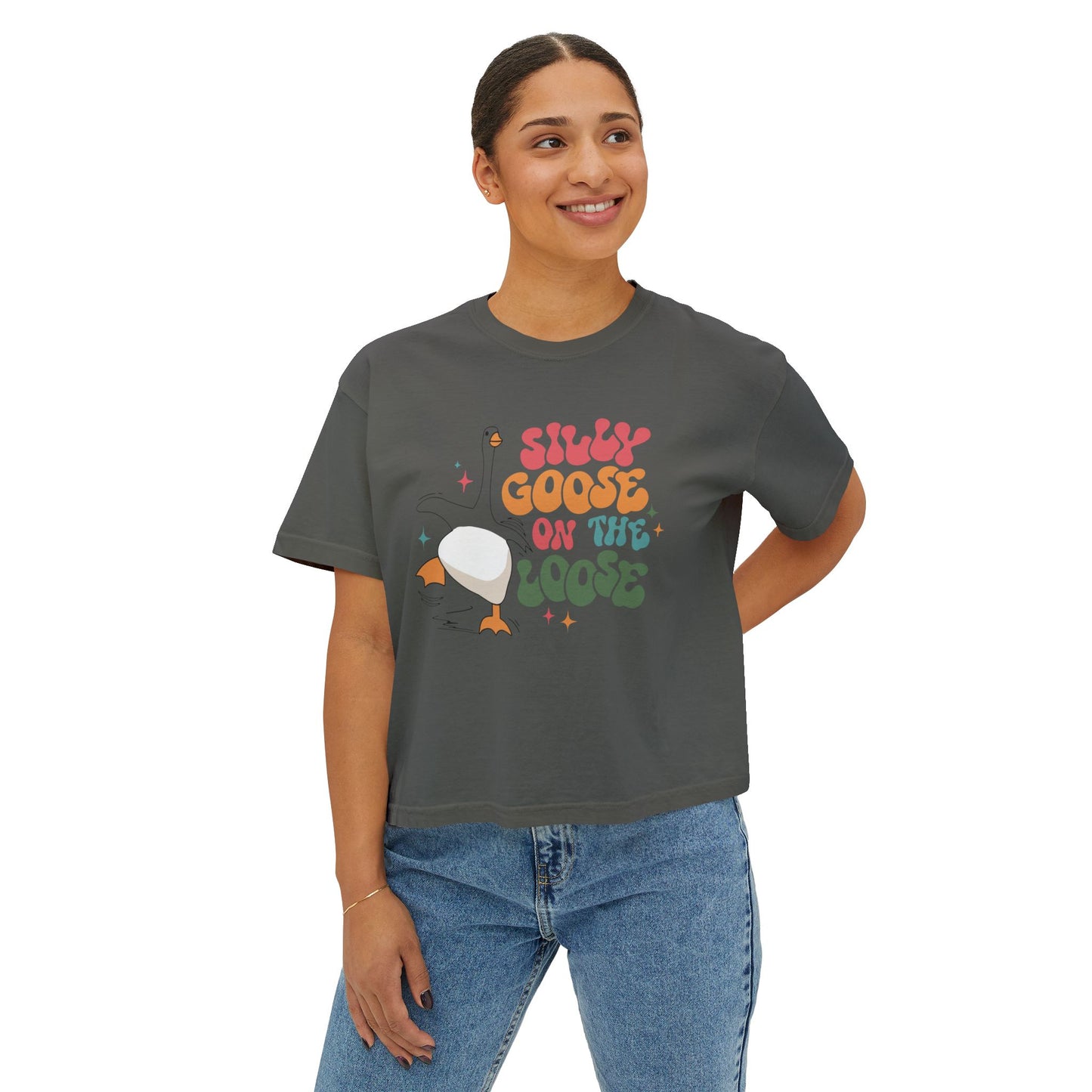 Silly Goose On The Loose boxy tee | Retro duck illustration, playful typography