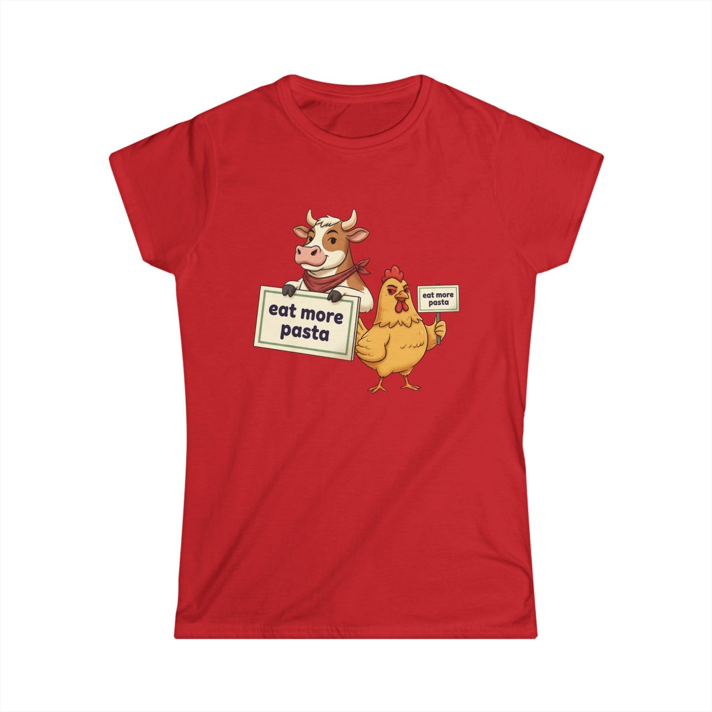 Women's Tee – Cute Cow & Chicken "Eat More Pasta" Cartoon Graphic