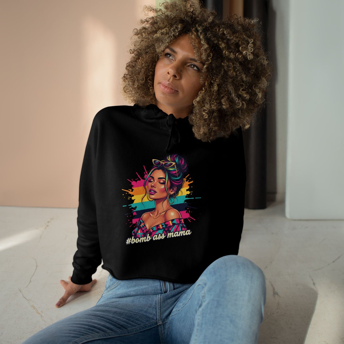 Colorful Pop Art Woman Crop Hoodie | Retro Paint Splash Portrait, Bad A*s Mama pullover